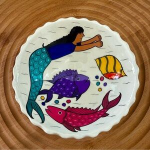 Mexican Mermaid Fish Folk Art Bowl Hand Painted Signed JUSN GILJ Pottery